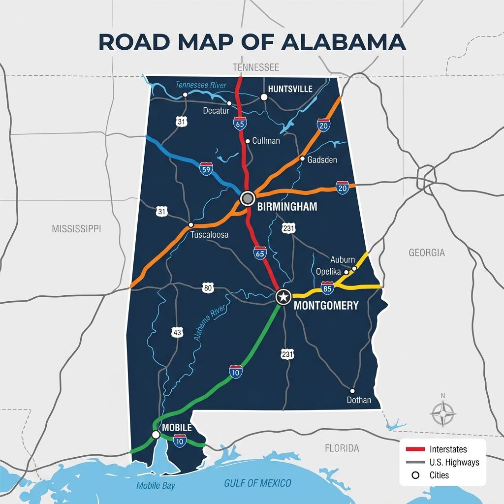 Free Labeled Alabama Map PDF - Cities, Counties & Highways